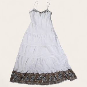 Eliza J Newyork Elegant White and Brown Maxi Dress Summer Linen Blend 6